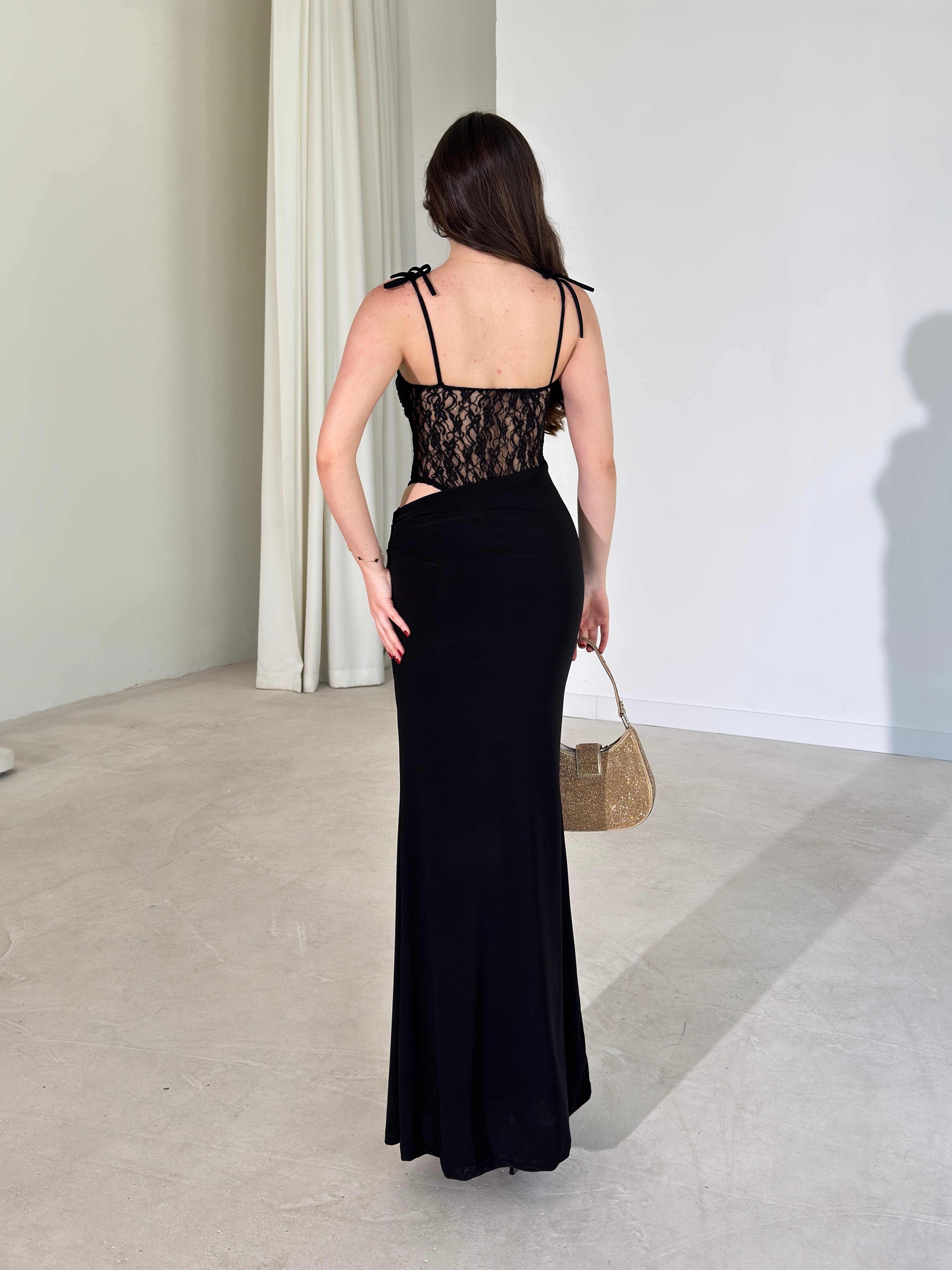 Harper - Asymmetric Cutout Maxi Dress with Built-in Lace Bodysuit