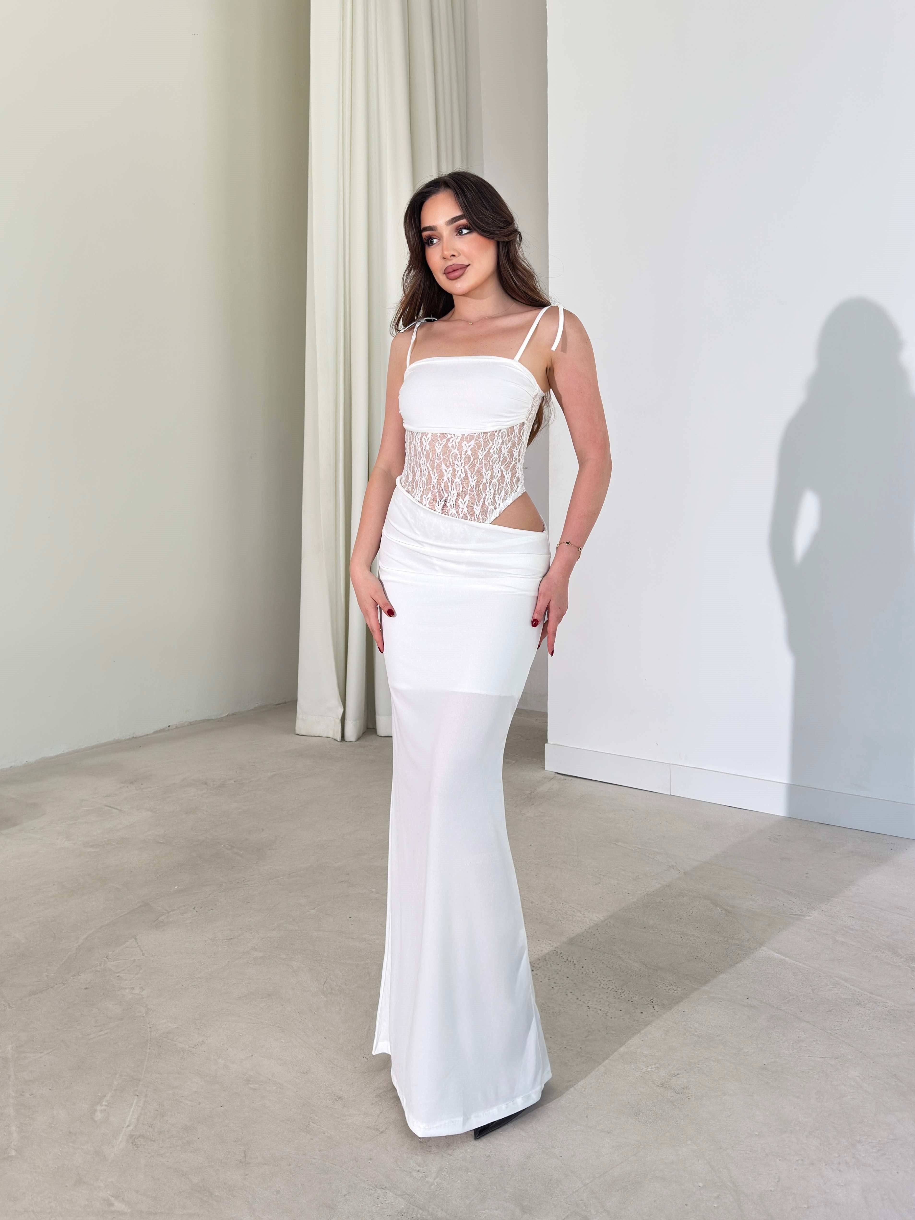 Harper - Asymmetric Cutout Maxi Dress with Built-in Lace Bodysuit