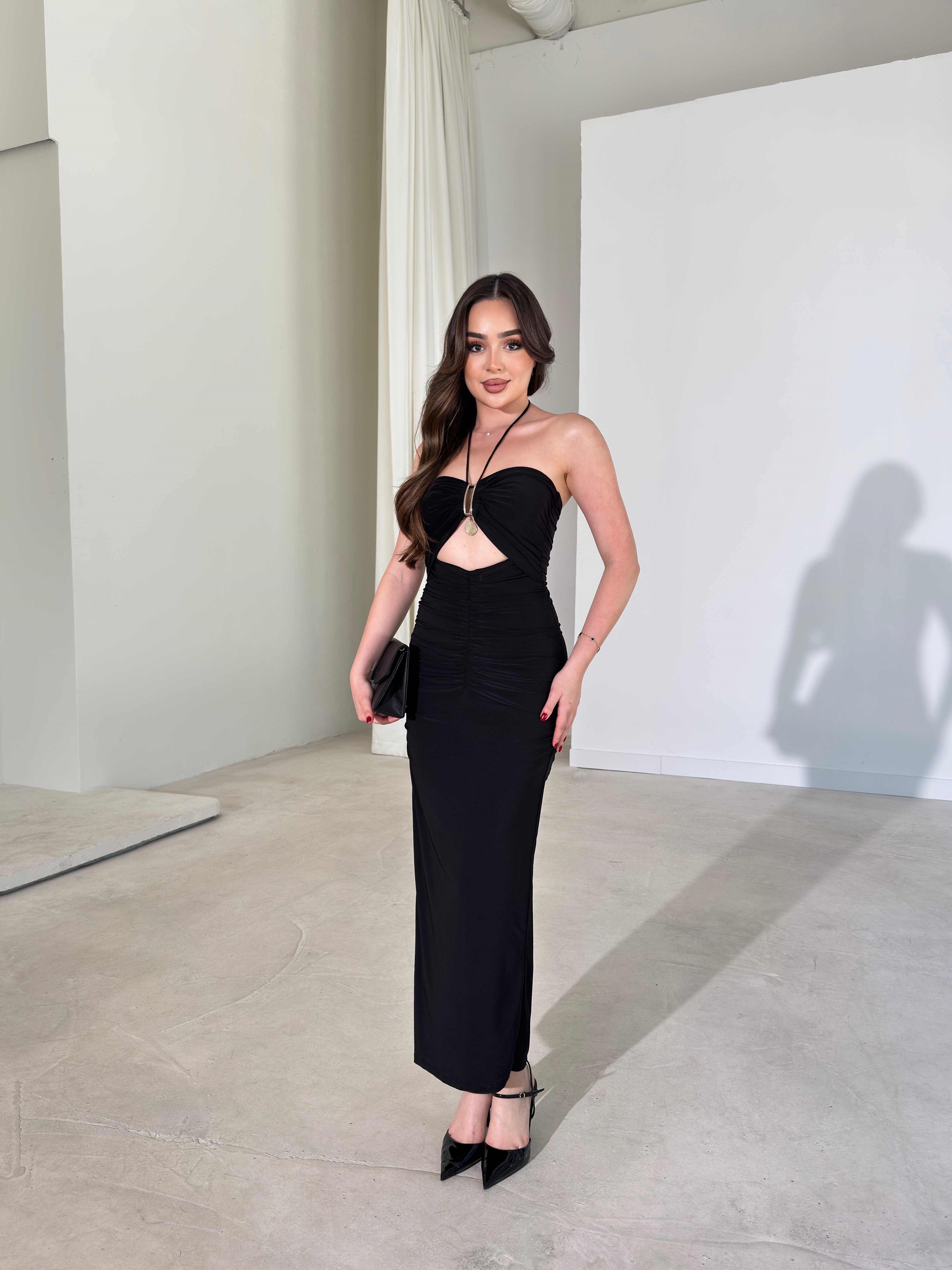 Isabelle – Halter Maxi Dress with Cutout and Medallion Accent