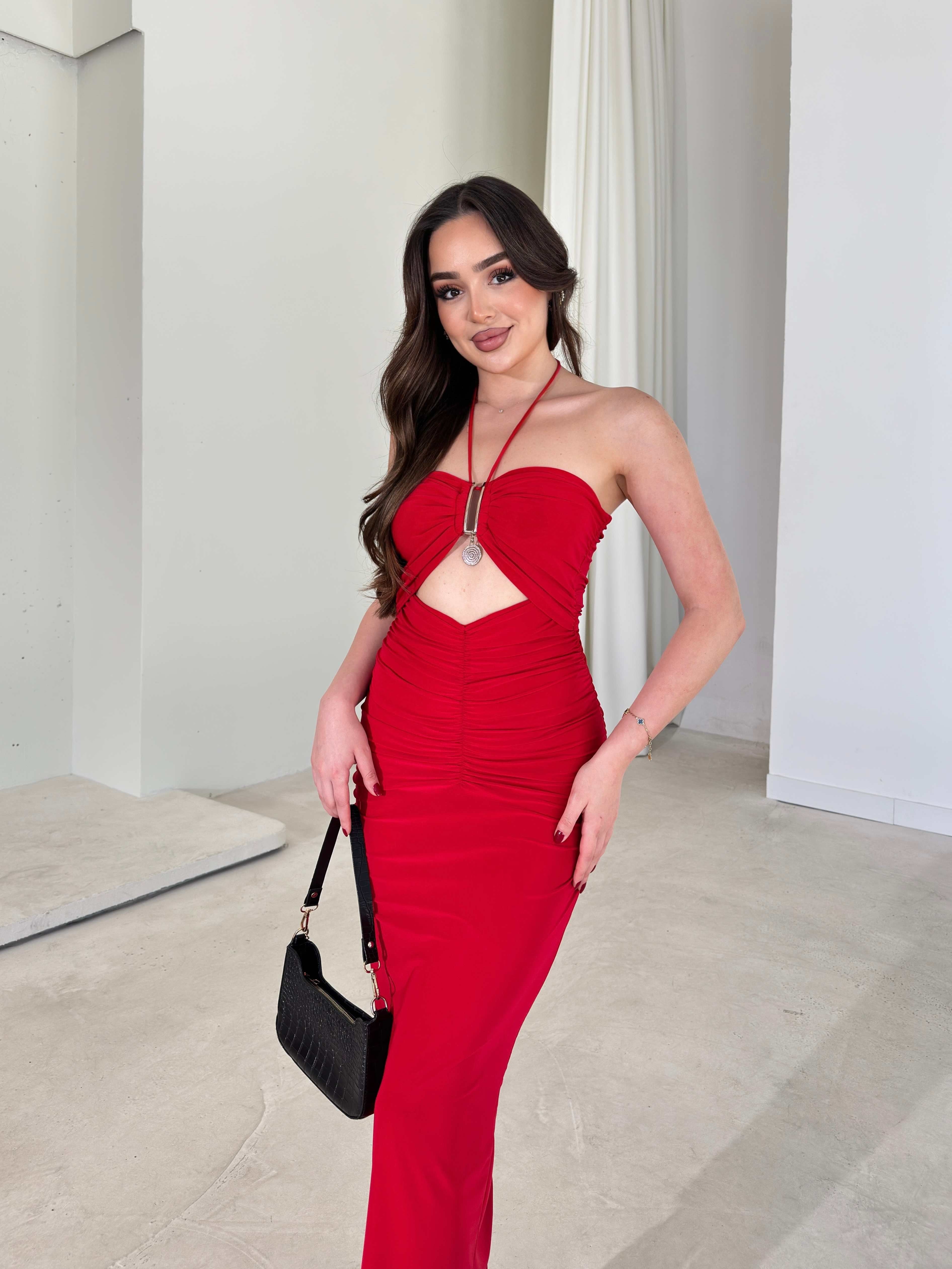 Isabelle – Halter Maxi Dress with Cutout and Medallion Accent